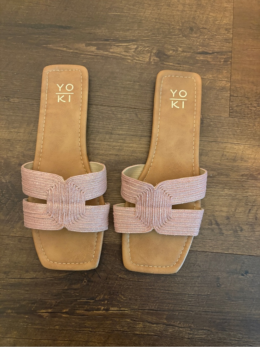 Yoki Pink Strappy Slide Mules with Tan Footbed
